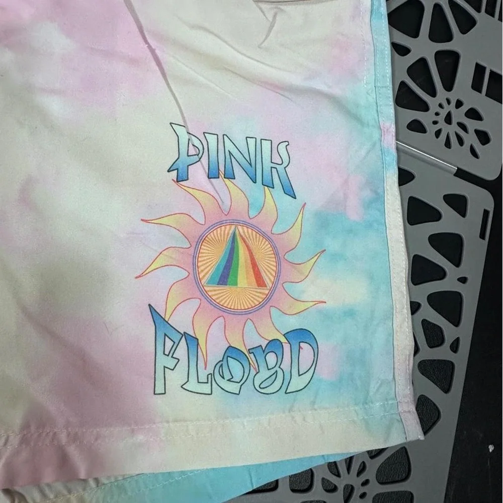 Pink Floyd Tie Dye Swim Trunks Mens Medium Pastel Sun Prism Graphic Board Shorts